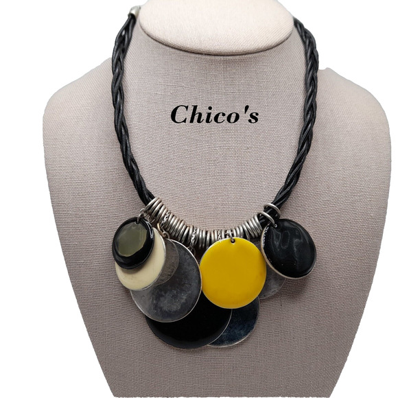 Chico's Twisted Leather Enamel Disk Necklace, New With Tags, 19" - Picture 1 of 9